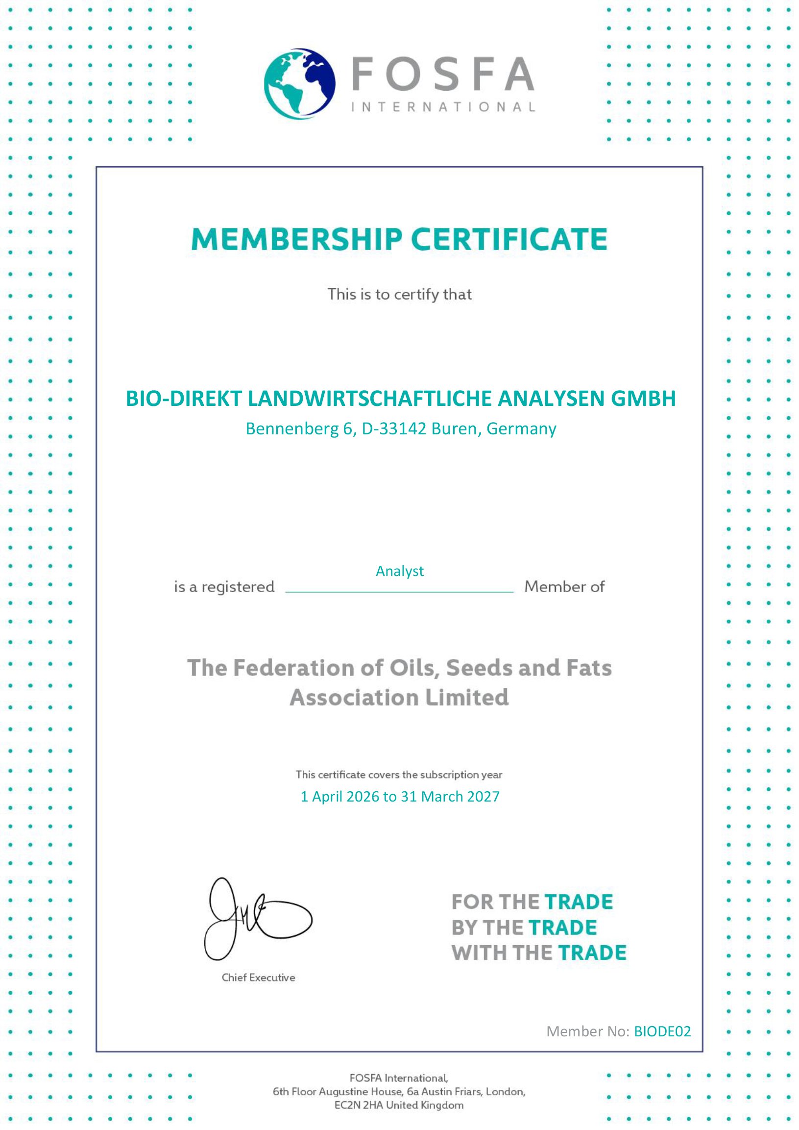 FOSFA Membership Certificate 2026-2027 für Bio-Direkt landwirtschaftliche Analysen GmbH