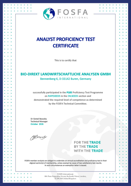 FOSFA Membership Certificate 2026-2027 für Bio-Direkt landwirtschaftliche Analysen GmbH
